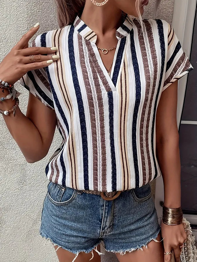 Striped Notched Short Sleeve Shirt (6)