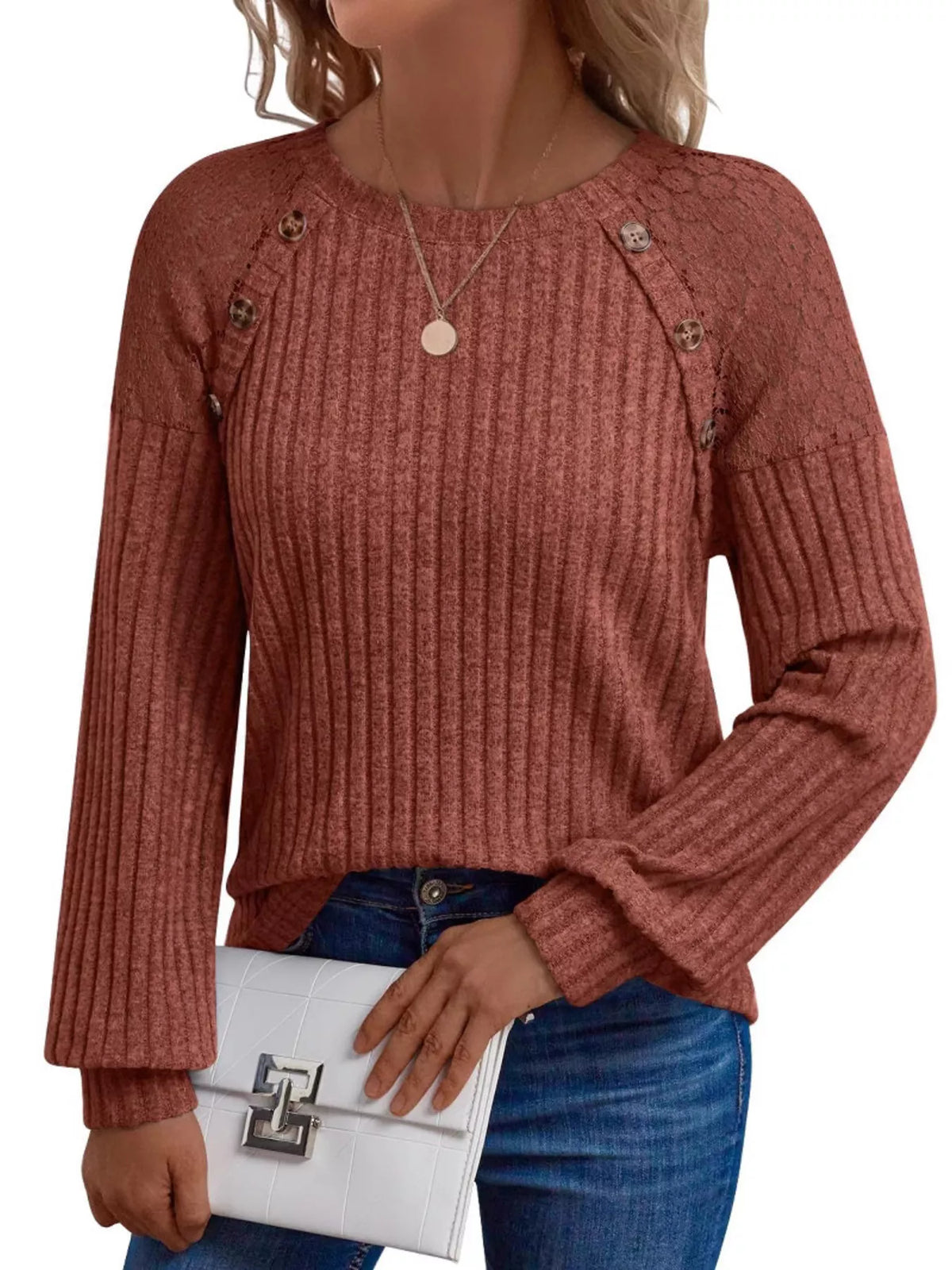 Ribbed Knit T-shirt Lace Shoulder Detail (25)