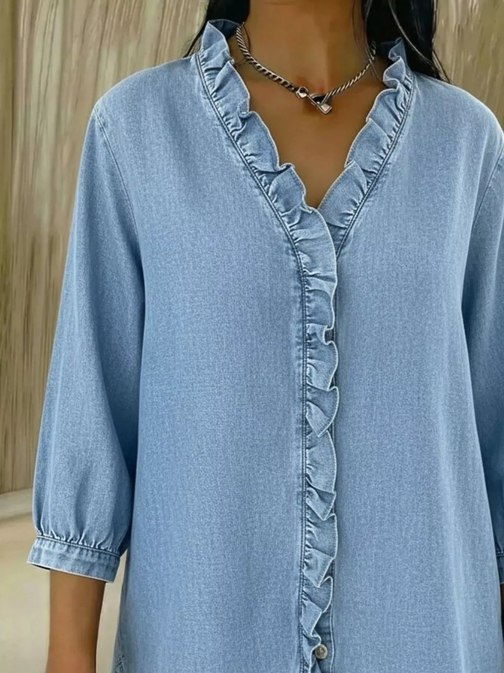 Full Size V-neck Ruffled Button Down Shirt Plus (15)