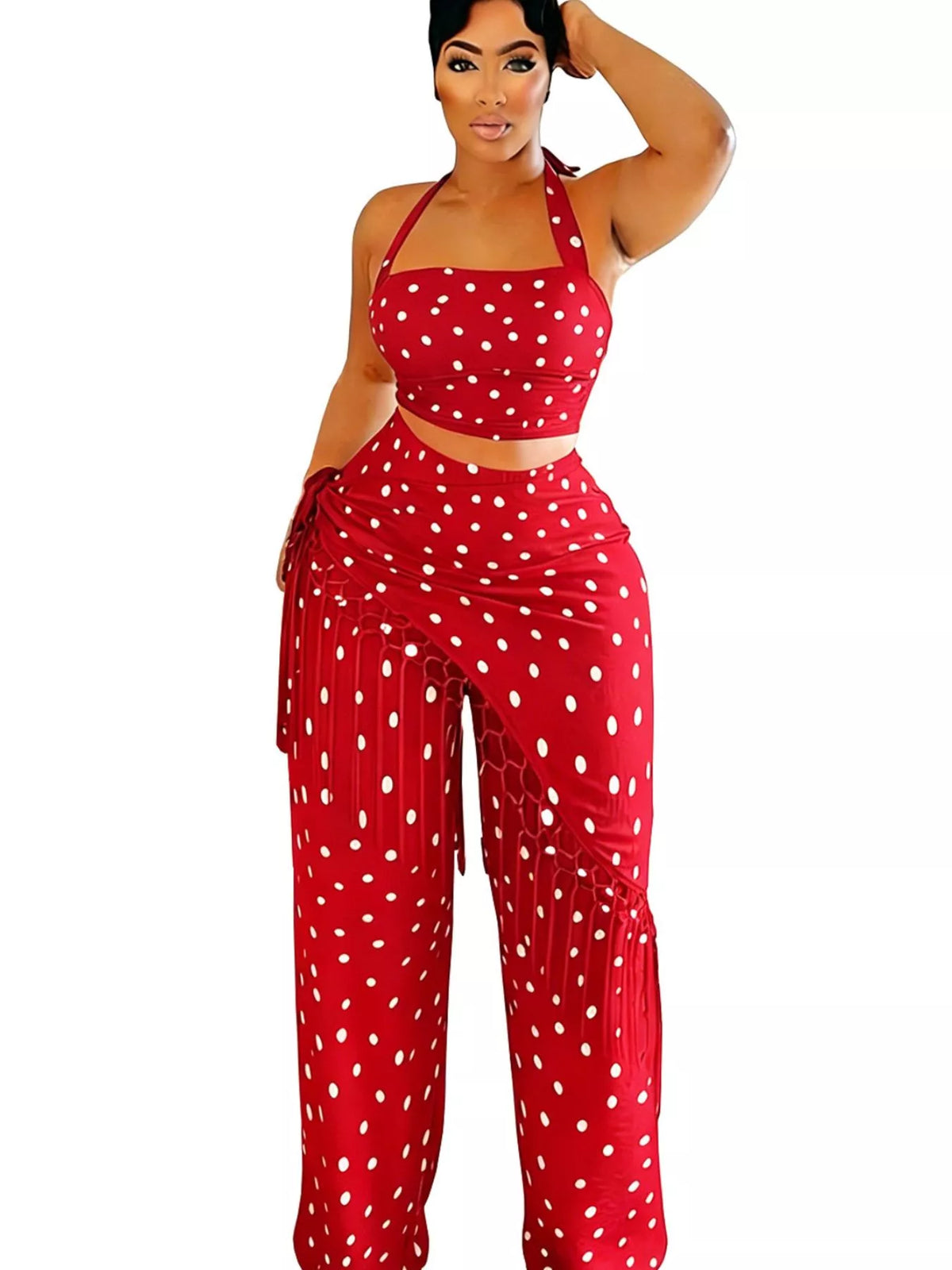 Polka Dot Halter Neck Cami Fringe Trim Pants Set (15)