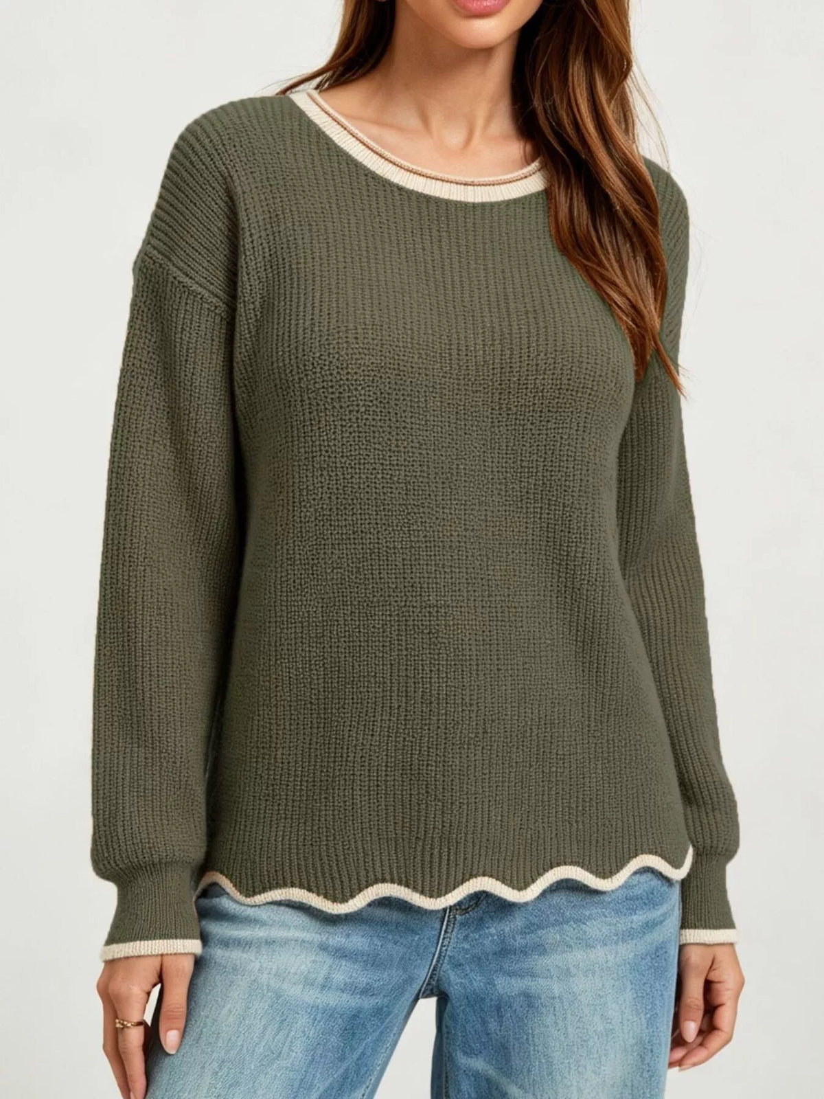 Contrast Trim Scalloped Hem Ribbed Knit Sweater (6)