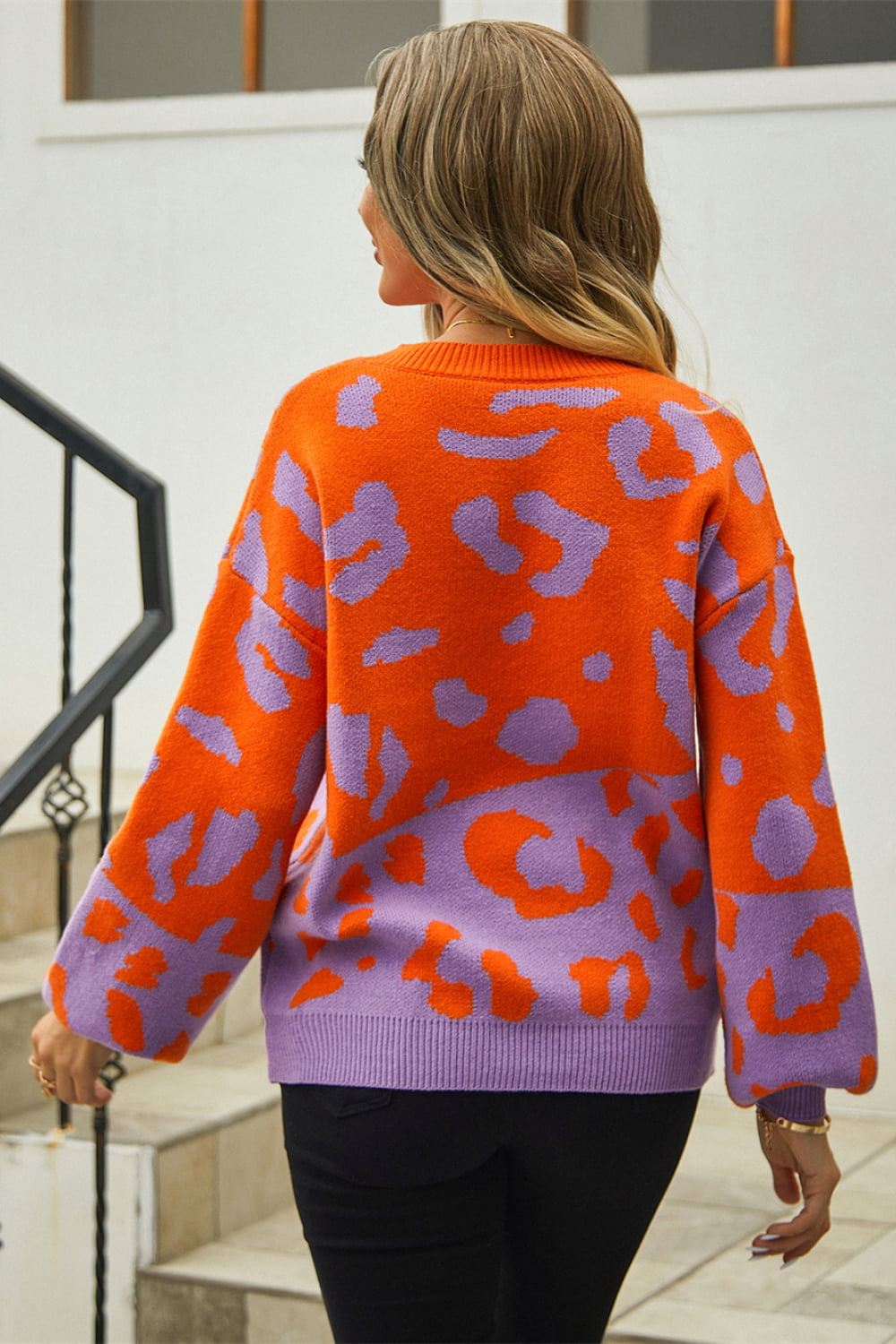 Woven Right Leopard Round Neck Dropped Shoulder Sweater (9)