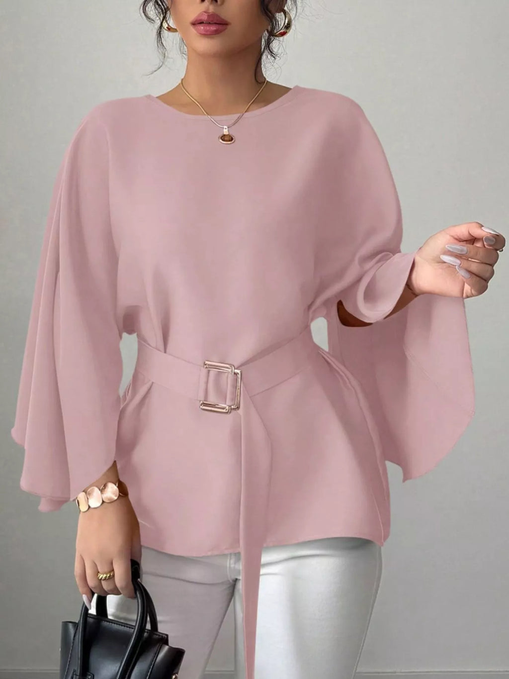 Round Neck Belt Batwing Sleeve Blouse (8)