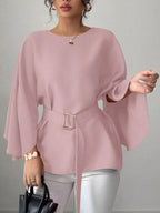 Round Neck Belt Batwing Sleeve Blouse (8)