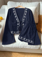 Embroidered Tie-front Top Shorts Set (16)