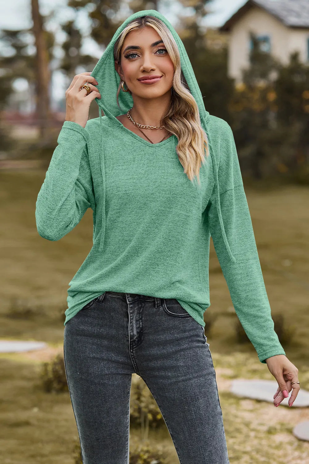 Drawstring Dropped Shoulder Hooded T-shirt (22)