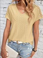 Eyelet V-neck Short Sleeve T-shirt (9)