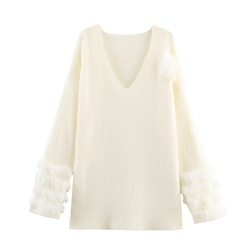 Casual V-neck Cuff Furry Knitted Dress photo 2