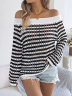 Openwork Striped Off-shoulder Knit Top (16)