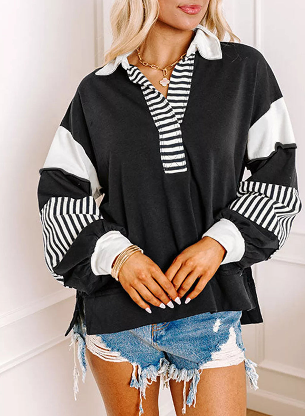 Block Striped Johnny Collar Sweatshirt (24)
