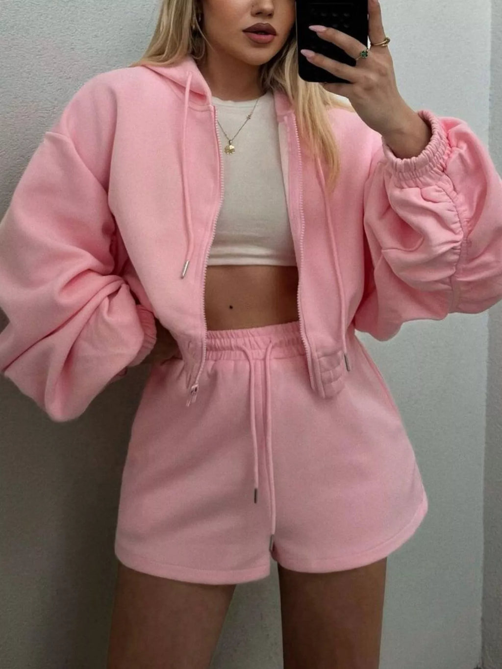 Zip-up Jacket High-waisted Drawstring Shorts Set (7)