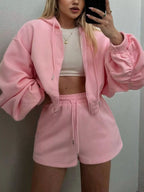 Zip-up Jacket High-waisted Drawstring Shorts Set (7)