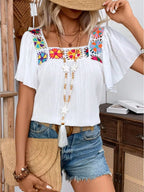 Embroidered Square Neck Flutter Sleeve Blouse (18)