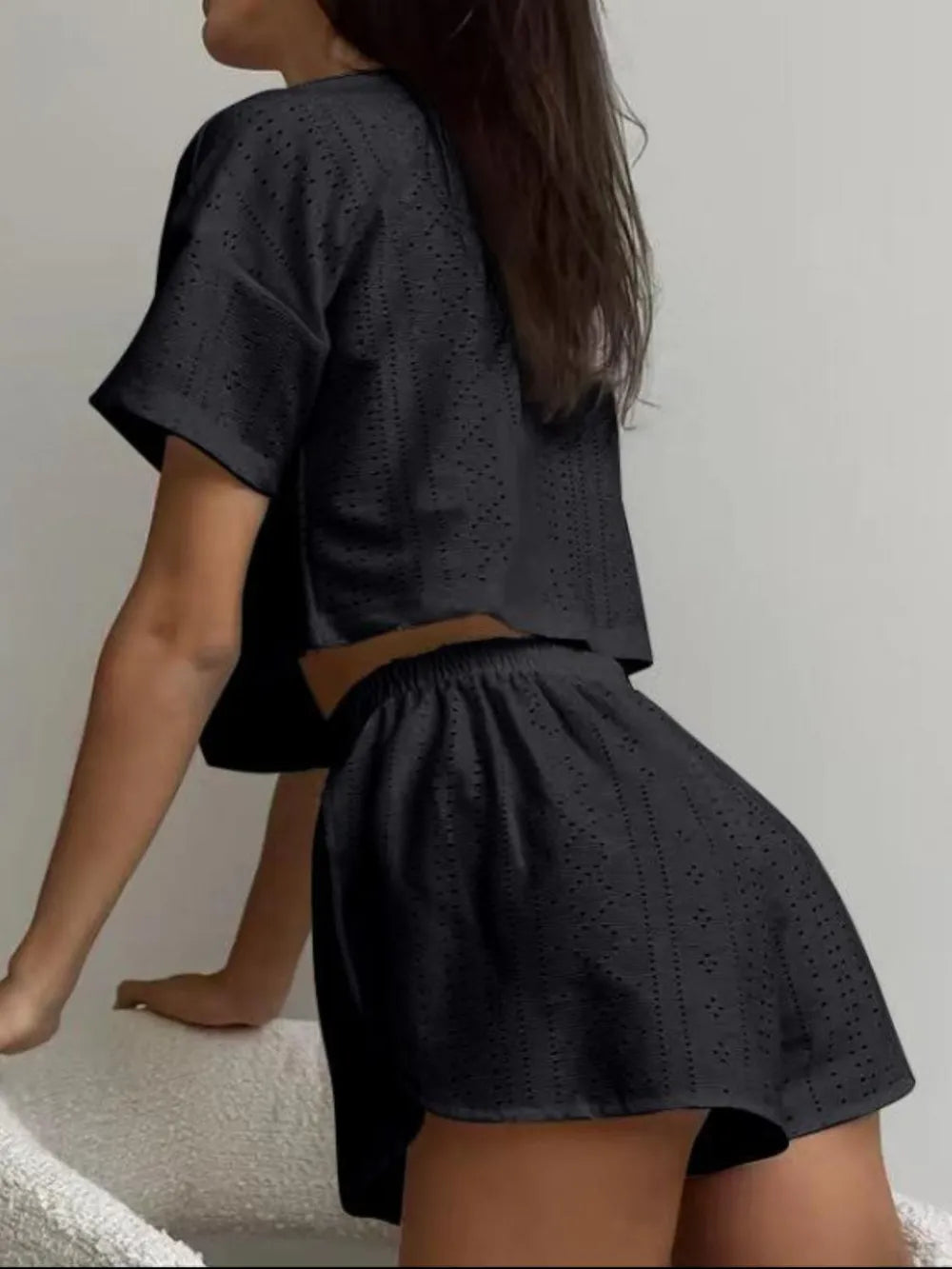 Eyelet Round Neck Top Shorts Set (9)