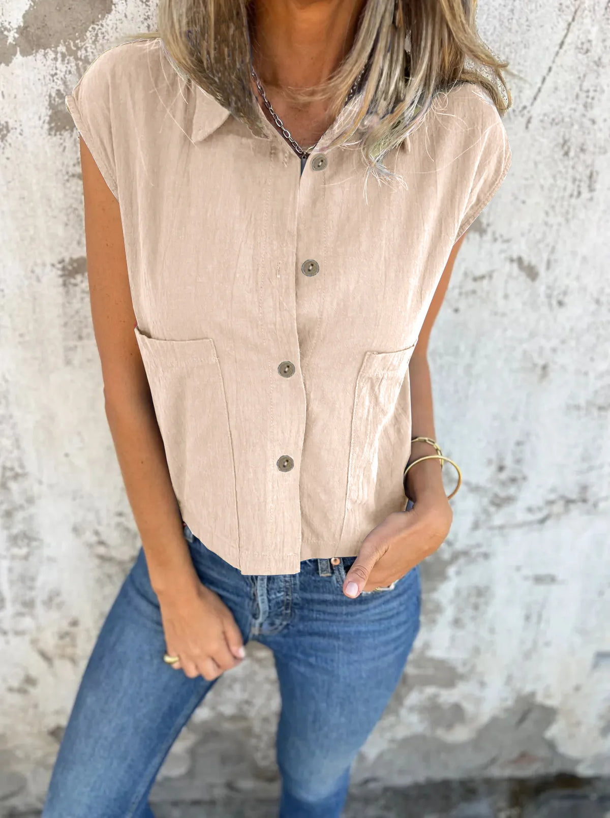 Full Size Button Down Cap Sleeve Linen Shirt Plus (13)