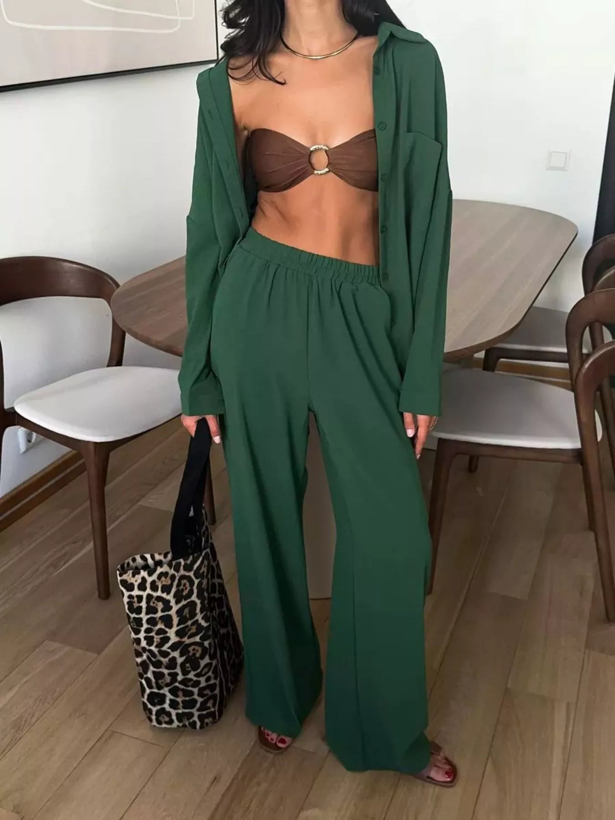 Relaxed Fit Shirt Wide Leg Pants Set (17)