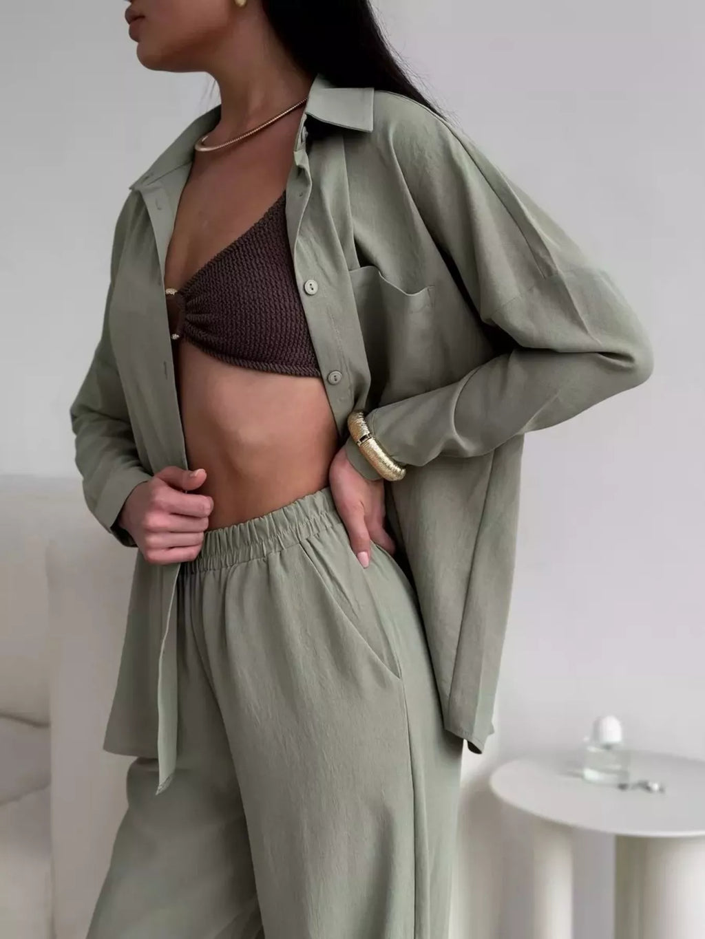 Relaxed Fit Shirt Wide Leg Pants Set (7)
