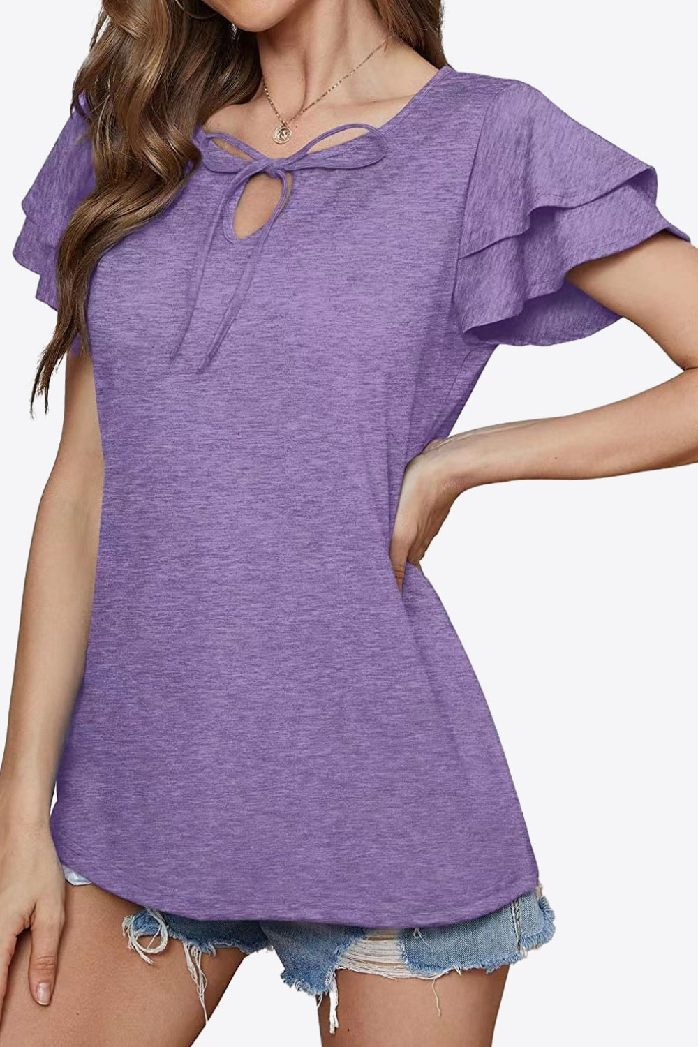 Tie-neck Layered Flutter Sleeve Blouse (20)