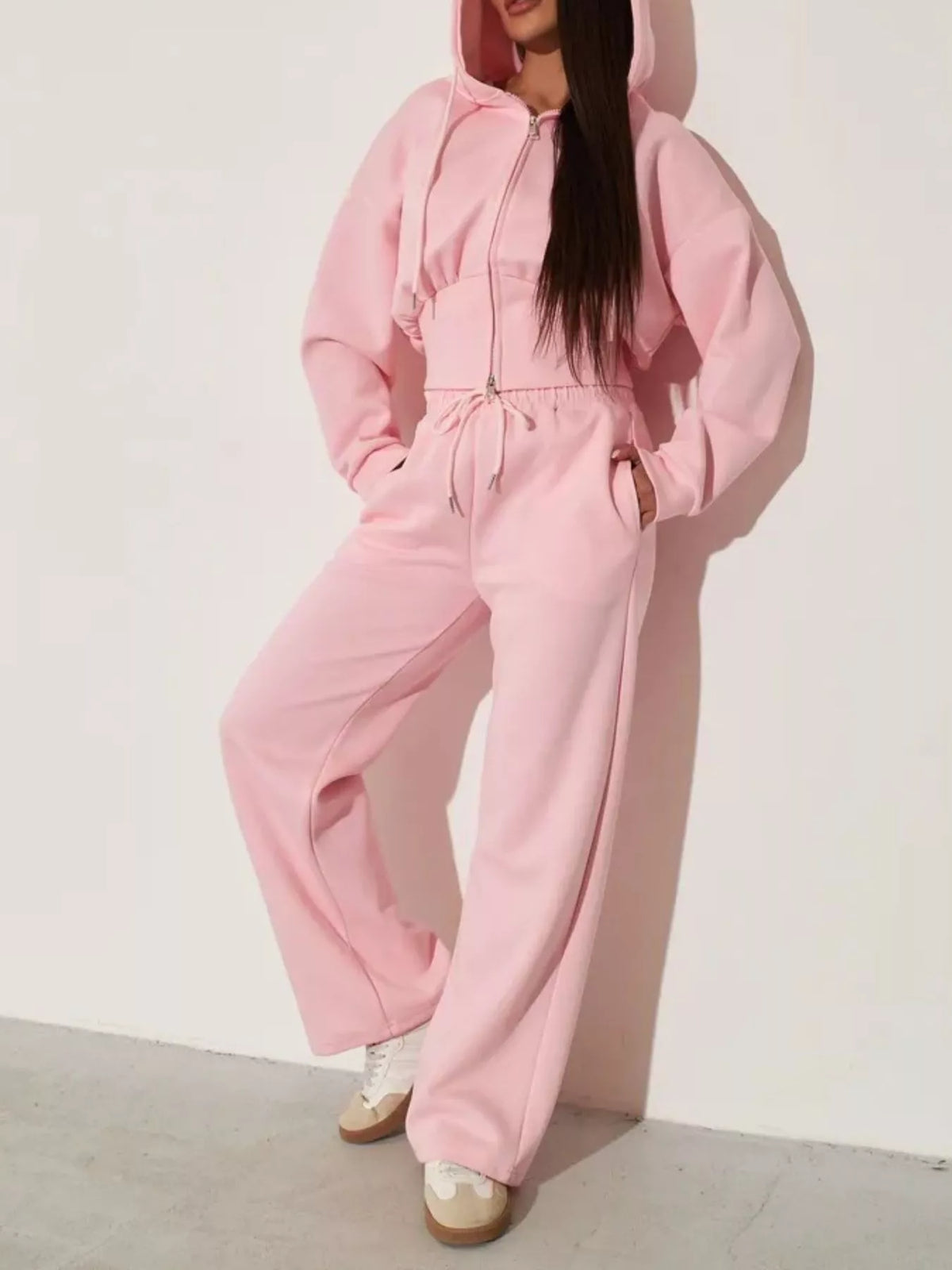 Zip-up Hoodie Wide-leg Pants Set (36)