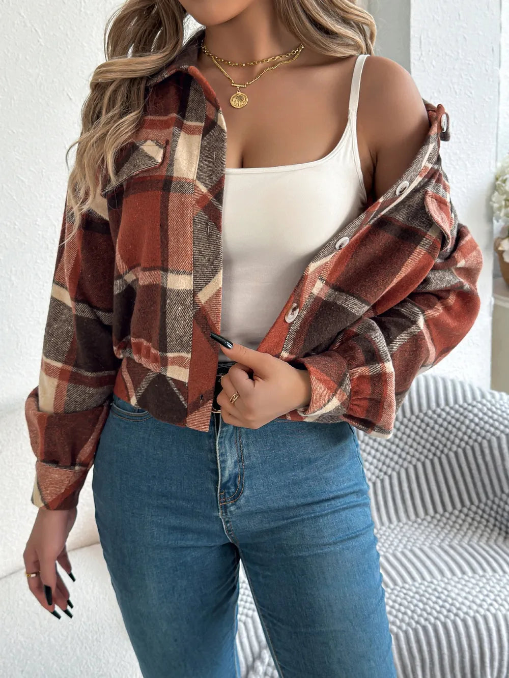 Plaid Button Up Long Sleeve Jacket (3)