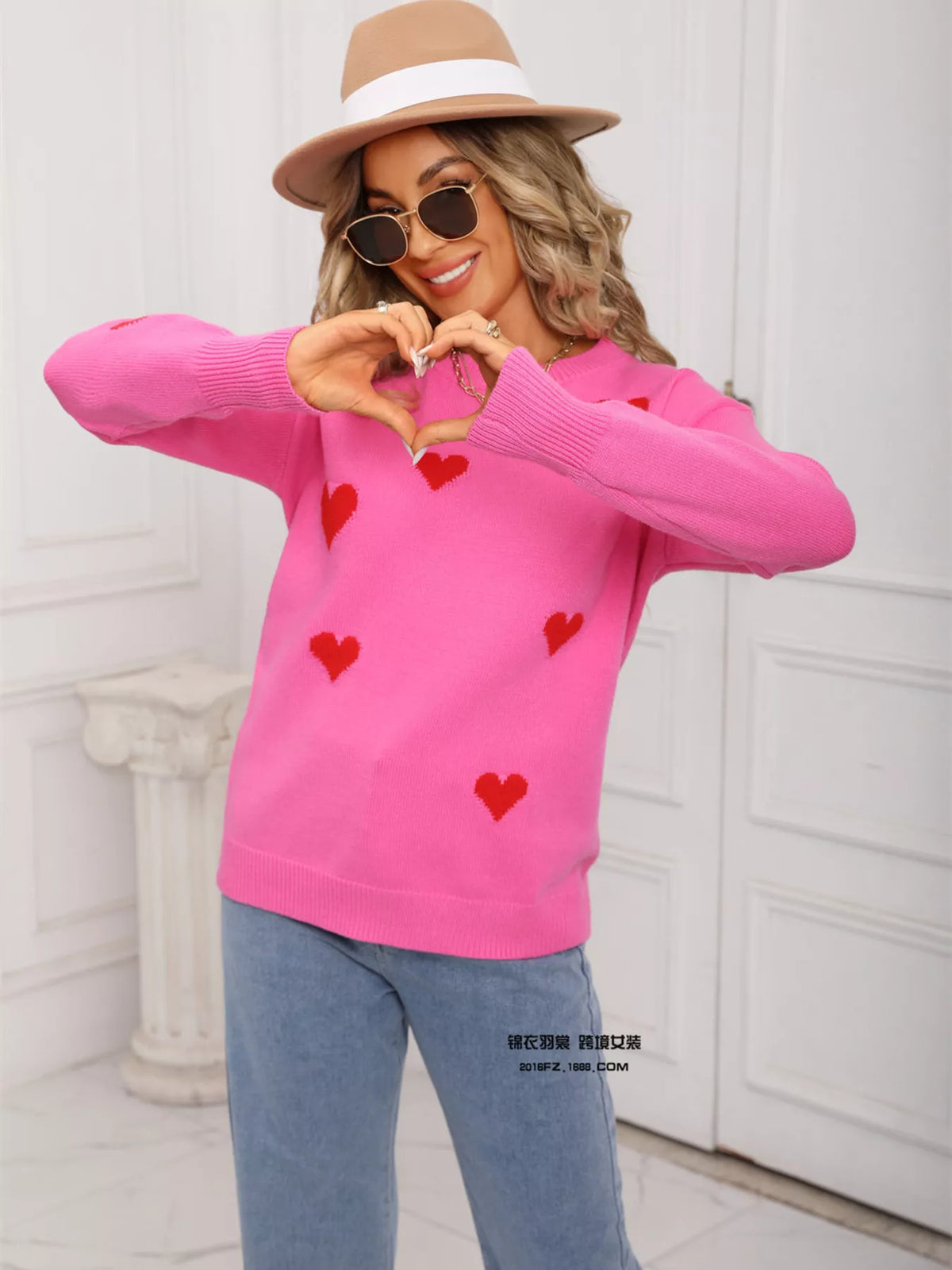 Valentine's Day Heart Print Round Neck Sweater (9)