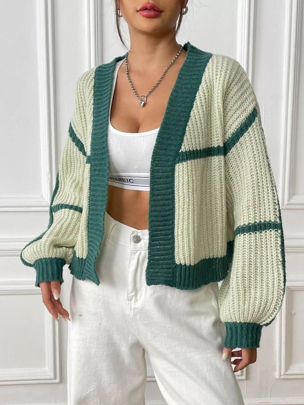 Color-block Ribbed Knit Open-front Cropped Cardigan (7)