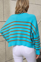 Striped Dropped Shoulder Round Neck Pullover Sweater (9)