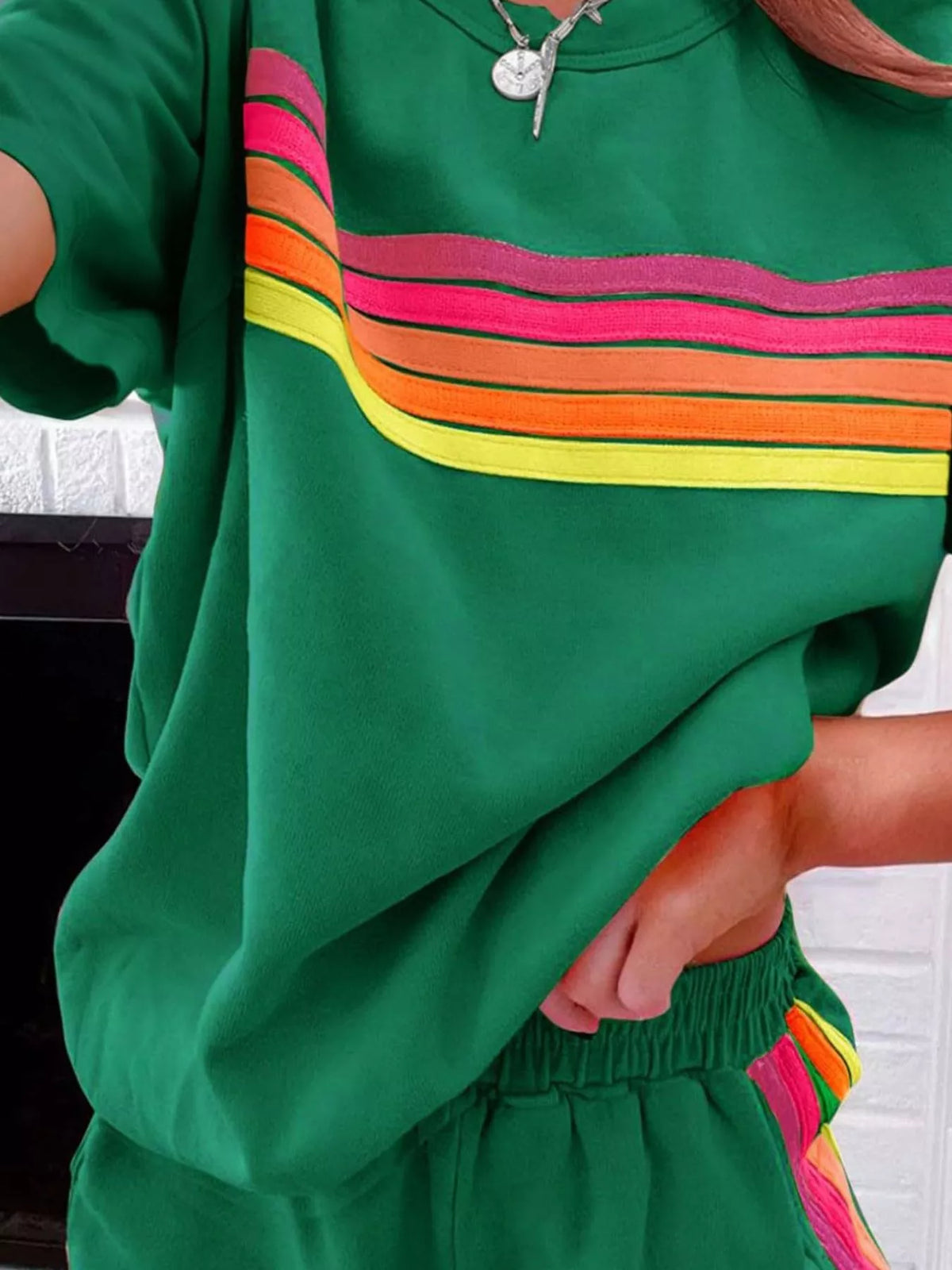 Rainbow Striped Round Neck Top Shorts Set (2)