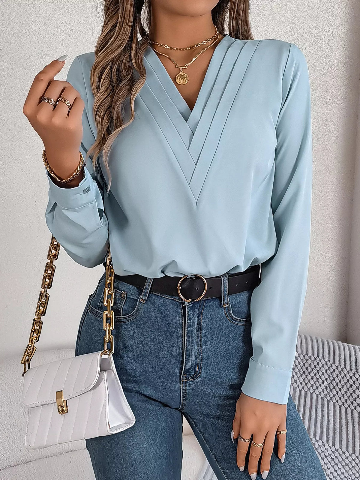 Layered V-neck Long Sleeve Blouse (3)