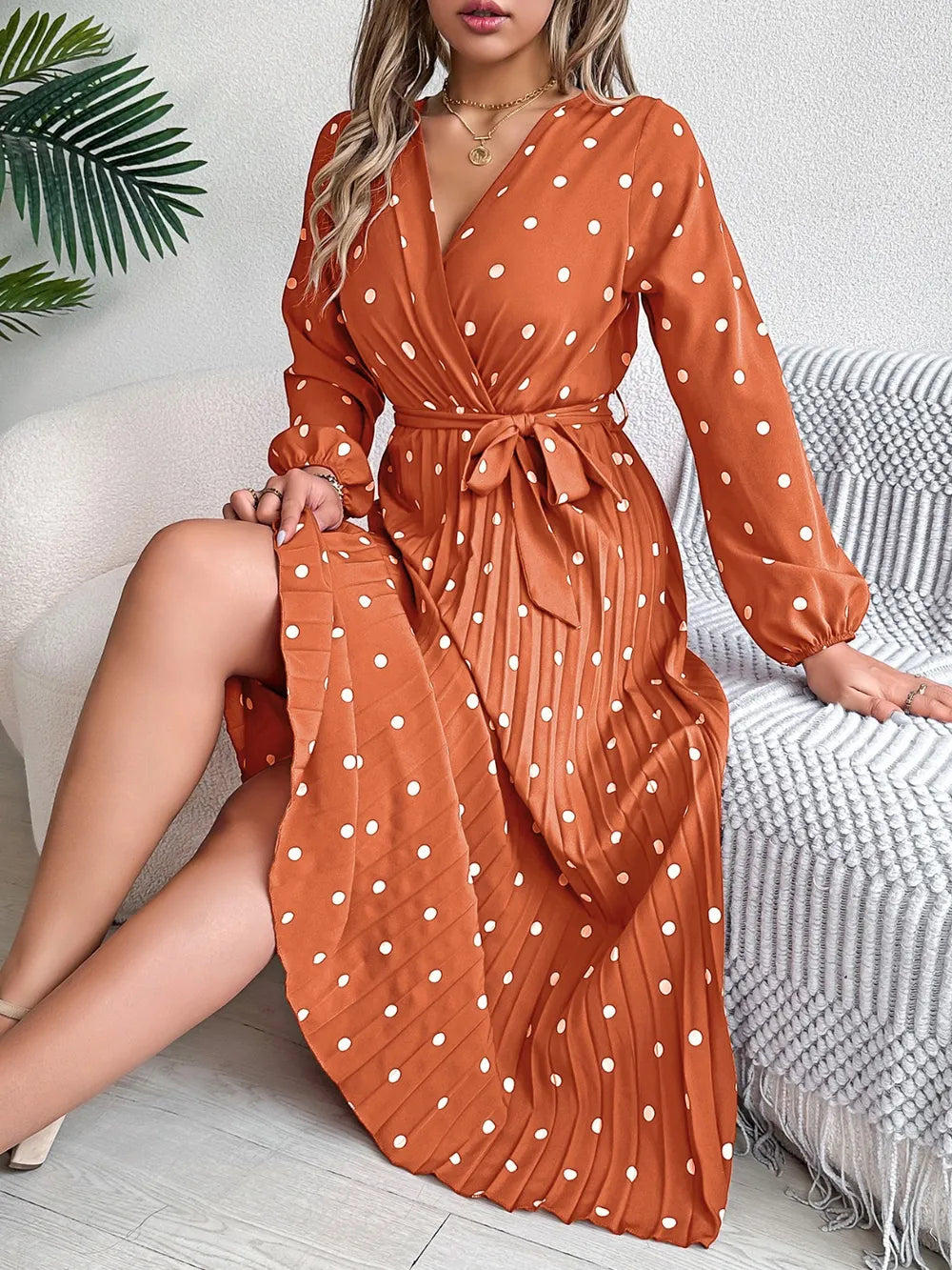 Tied Polka Dot Long Sleeve Midi Dress (9)