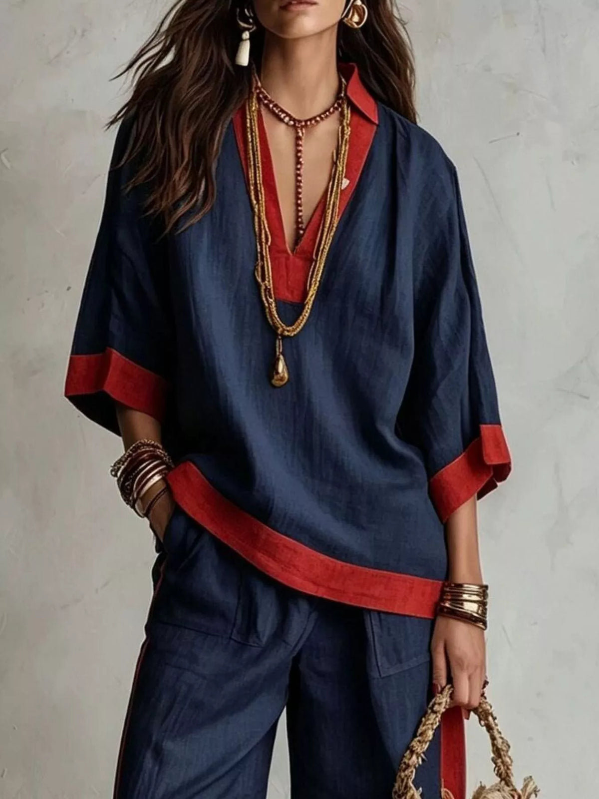 Full Size Contrast Trim Top Wide Leg Pants Set Plus (11)
