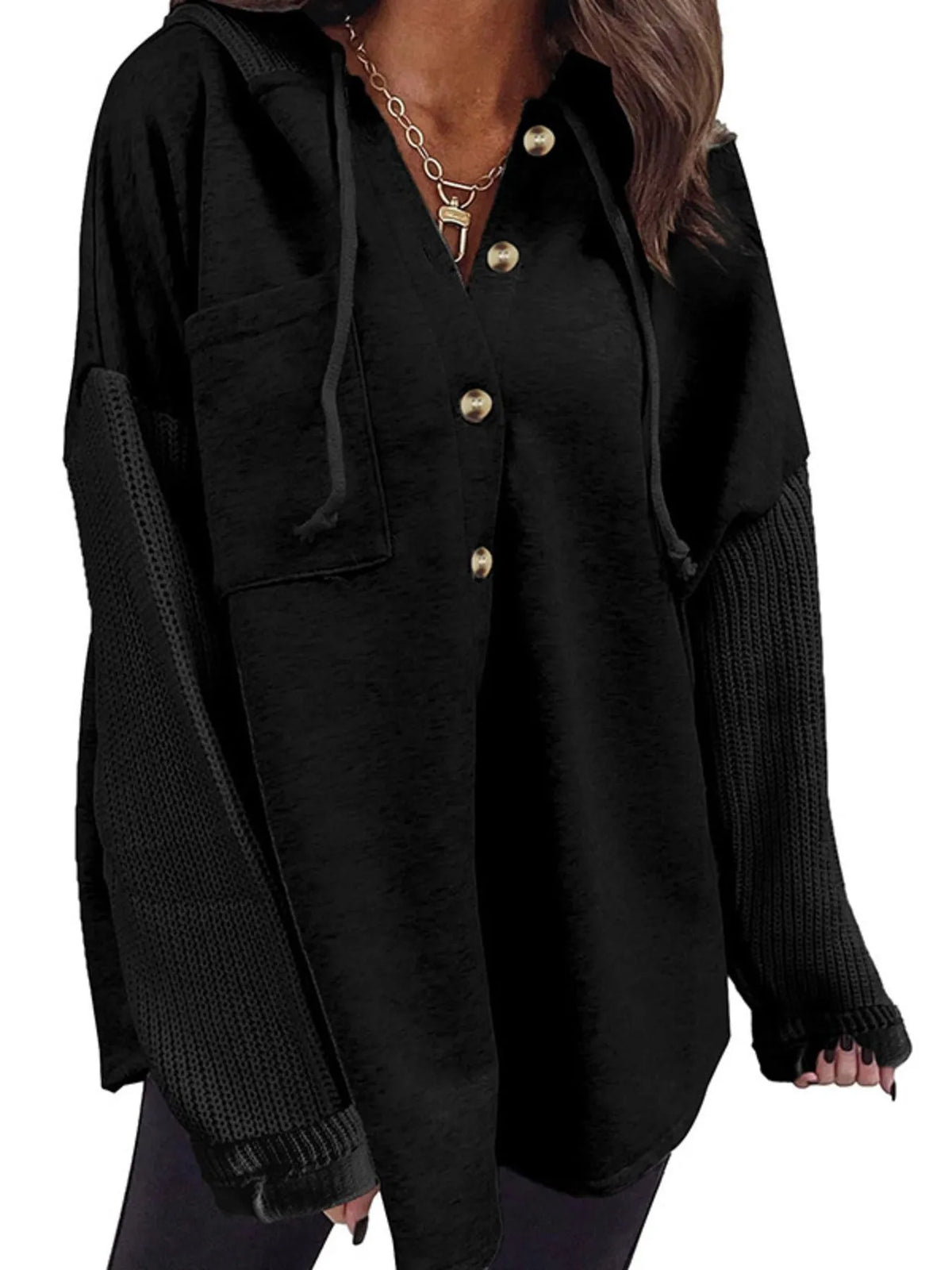 Drawstring Button Front Hoodie (8)