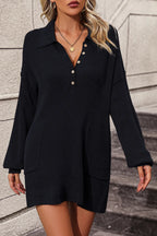 Collared Neck Long Sleeve Sweater Dress Pockets (11)