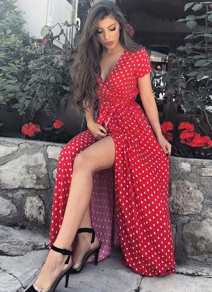 V-neck Polka Dot Dress variant CJNSSYLY05972-Red-XL|CJNSSYLY05972-Red-L|CJNSSYLY05972-Red-S|CJNSSYLY05972-Red-4XL|CJNSSYLY05972-Red-XXL|CJNSSYLY05972-Red-3XL|CJNSSYLY05972-Red-M
