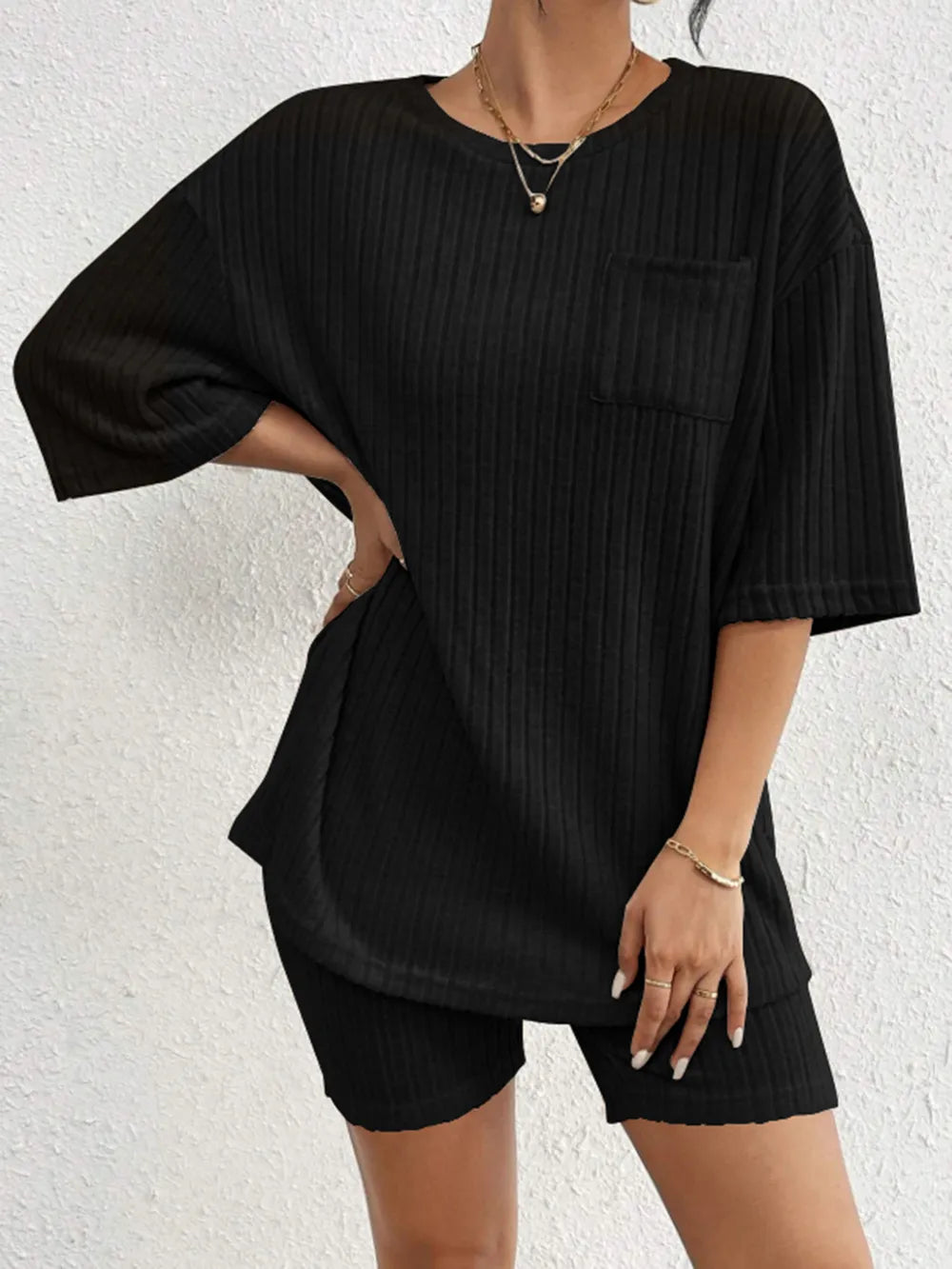 Ribbed Round Neck Top Shorts Set (20)