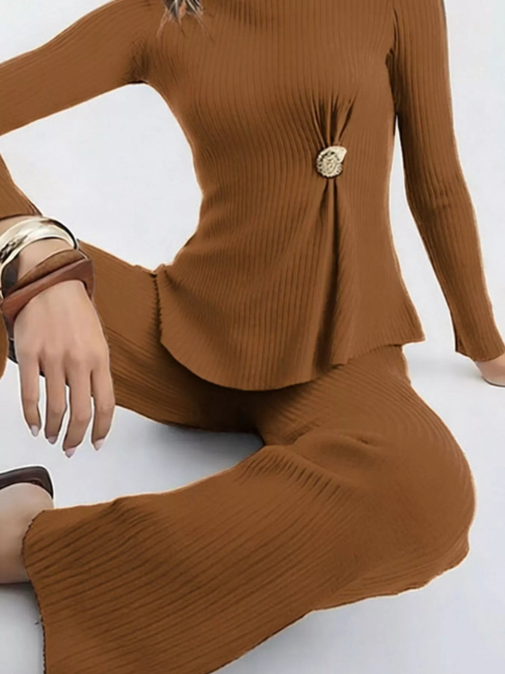 Ribbed Knit Round Neck Top Pants Sweater Set (9)
