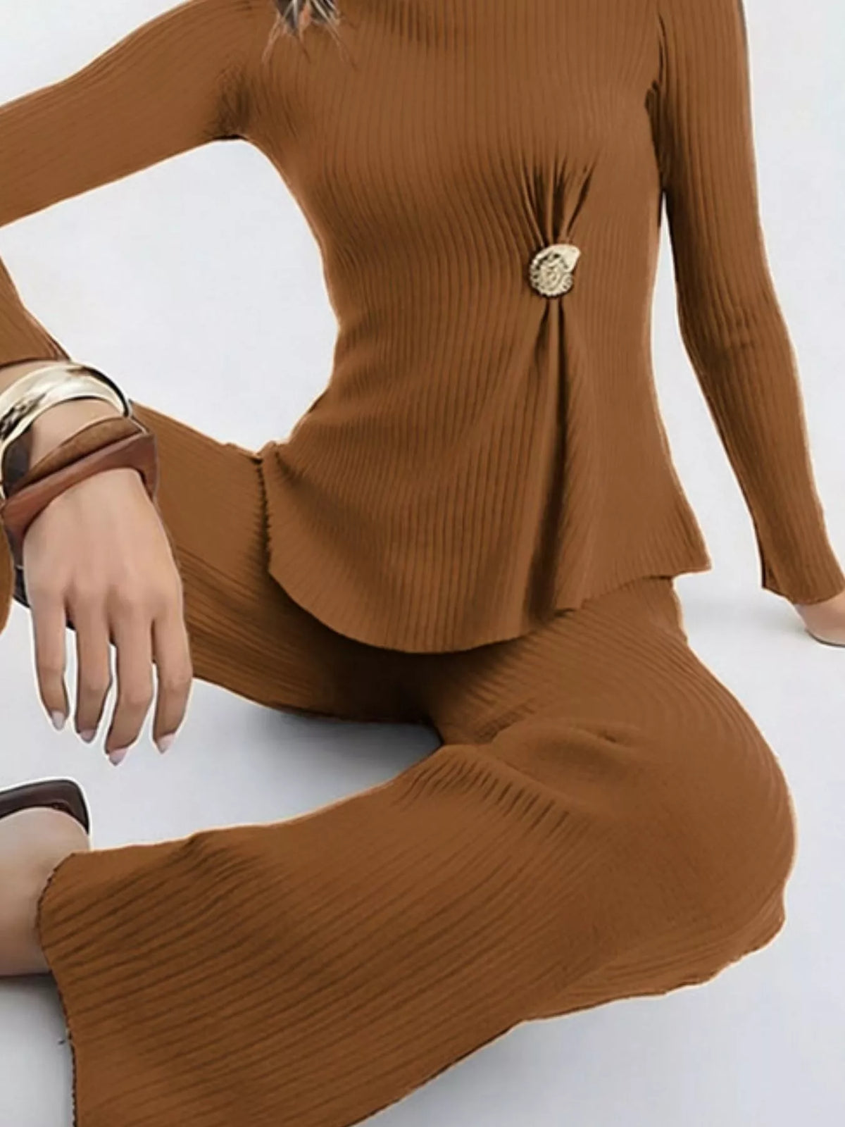 Ribbed Knit Round Neck Top Pants Sweater Set (9)