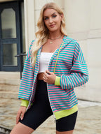 Drawstring Striped Zip Up Long Sleeve Hoodie (4)