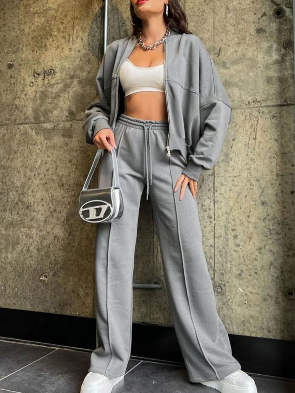 Baseball Collar Zip Up Top Drawstring Paants Set