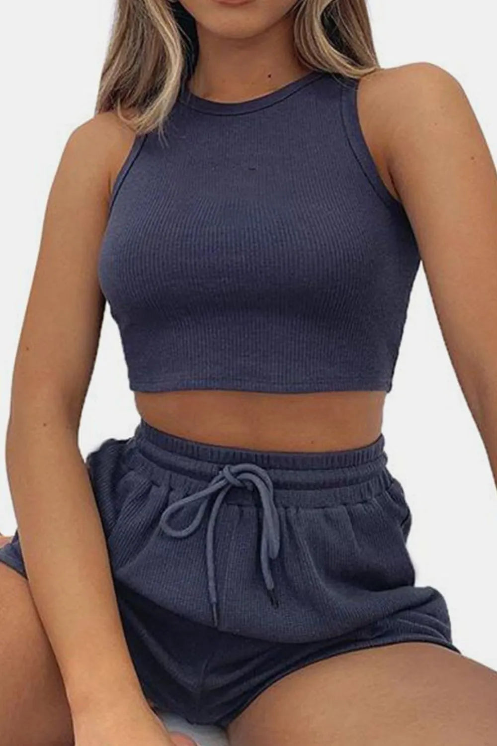 Round Neck Top Drawstring Shorts Set (16)
