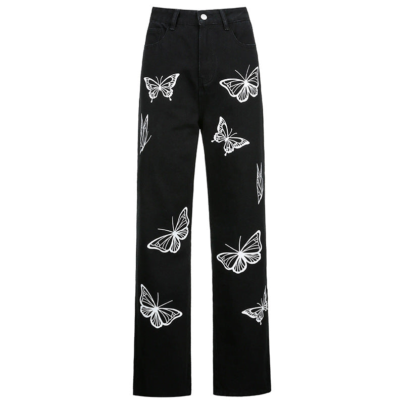 Butterfly Print High-waisted Straight-leg Jeans photo 3