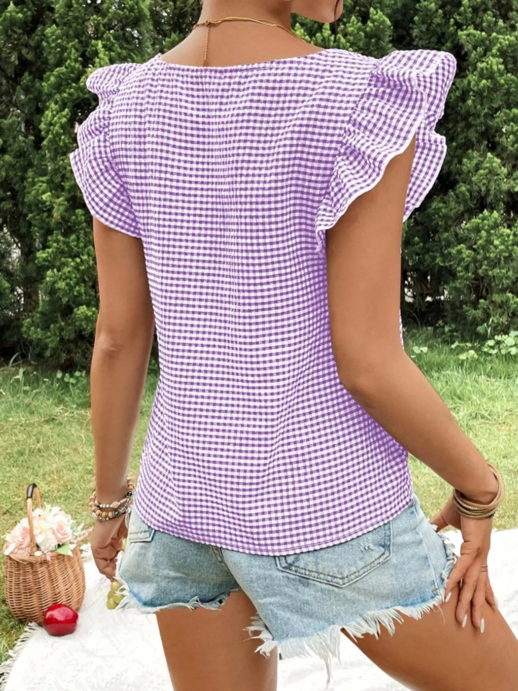 Gingham Ruffle Sleeve Square Neck Blouse (21)