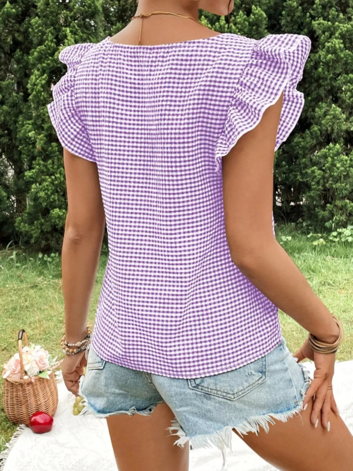 Gingham Ruffle Sleeve Square Neck Blouse (21)