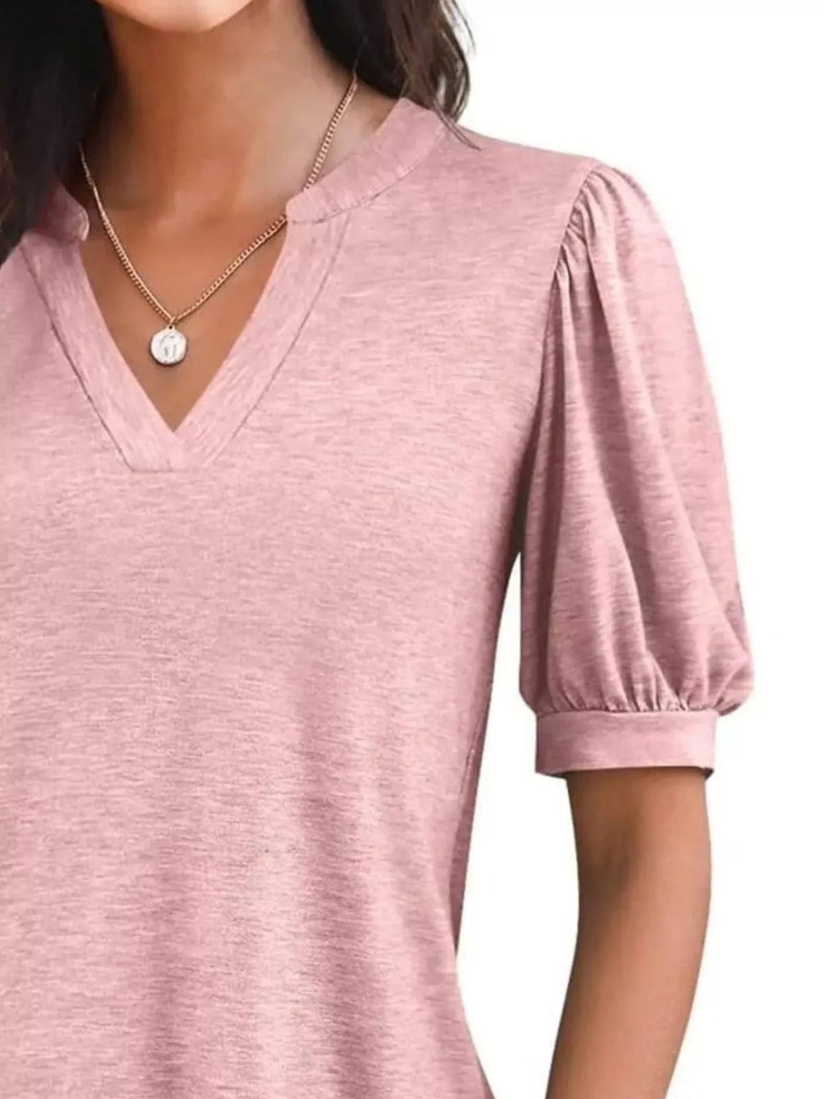Puff Sleeve Notched Casual T-shirt (11)