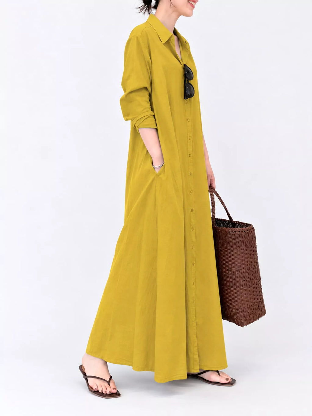 Full Size Button Front Long Sleeve Maxi Shirt Dress Plus (44)