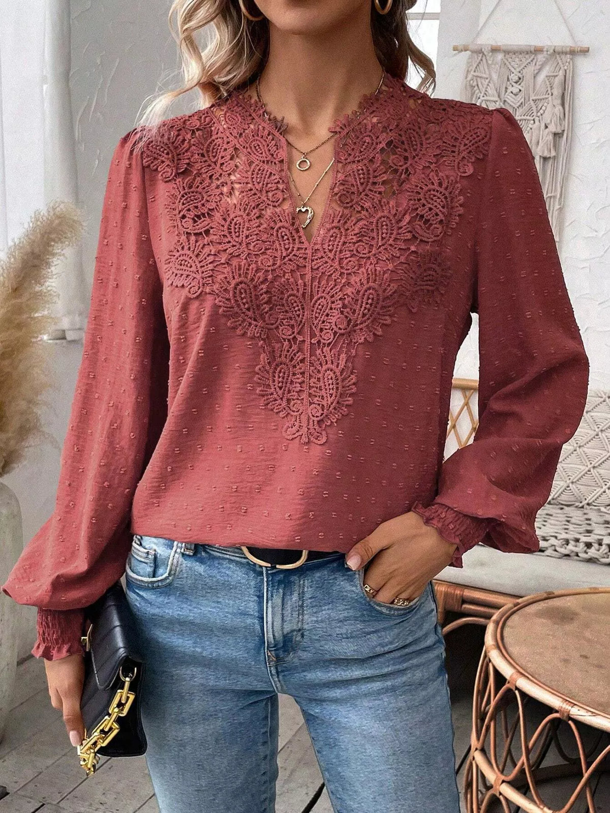 Lace Trim Long Sleeve Blouse (3)