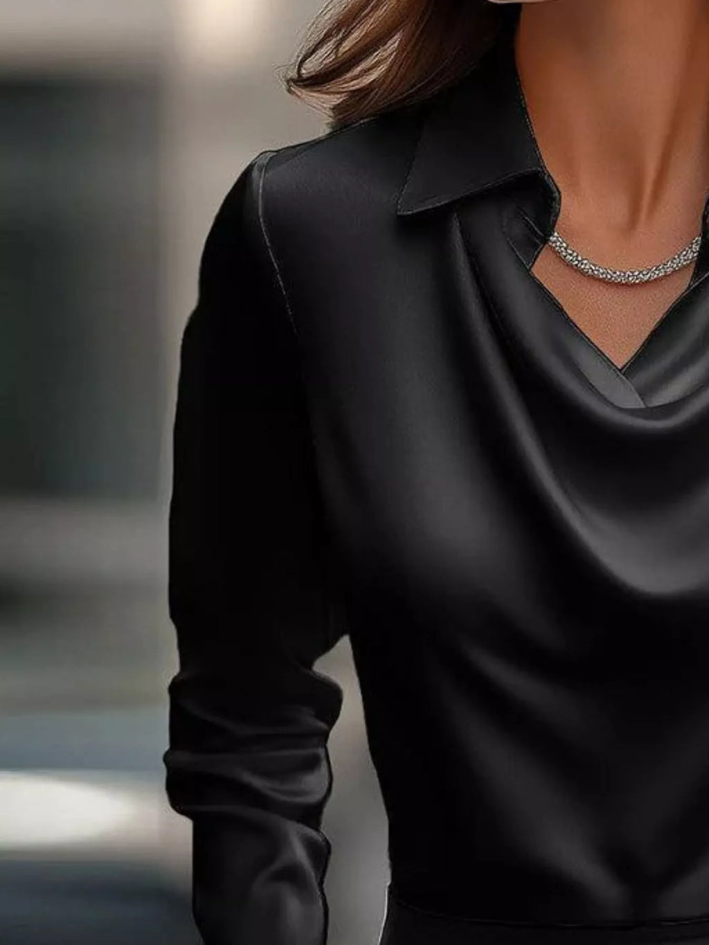 Ruched Long Sleeve Drape Collar Blouse (9)