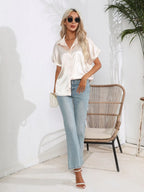 Button Down Collared Neck Short Sleeve Satin Shirt (26)