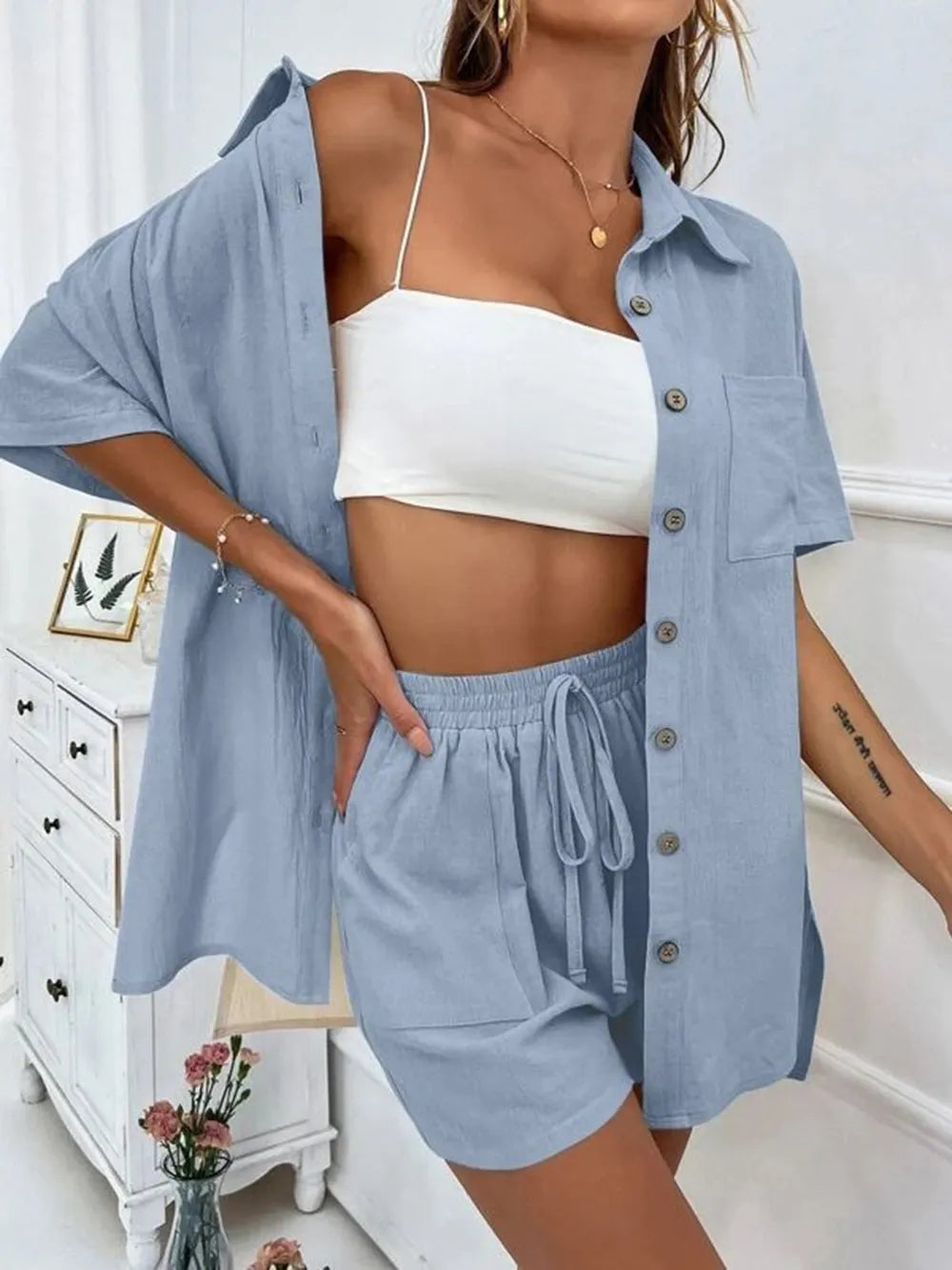 Button Up Shirt Drawstring Shorts Set (29)