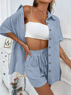 Button Up Shirt Drawstring Shorts Set (29)